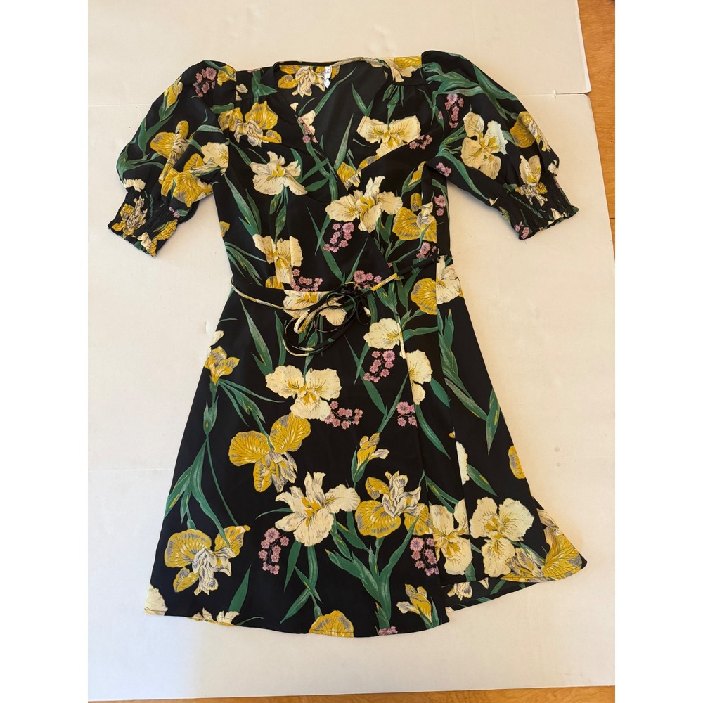 Mango Suit Women Black Floral‎ Iris Wrap Dress Puff Sleeve V-Neck Mini Size 6